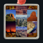 Arizona Desert Collage Julgransprydnad Metall<br><div class="desc">Bildobjekt för Arizona-resa i attraktion. Det här ser bra ut på vilken produkt som helst och gör en underbar resekickfågel. ⭐ PERSONALISERA den här mallen med teckningen. ⭐ REDIGERA det ytterligare om du vill göra fler ändringar. ⭐ Överför den här designen till valfri produkt. Besök alla mina butiker på bit.ly/SandyspiderStores...</div>