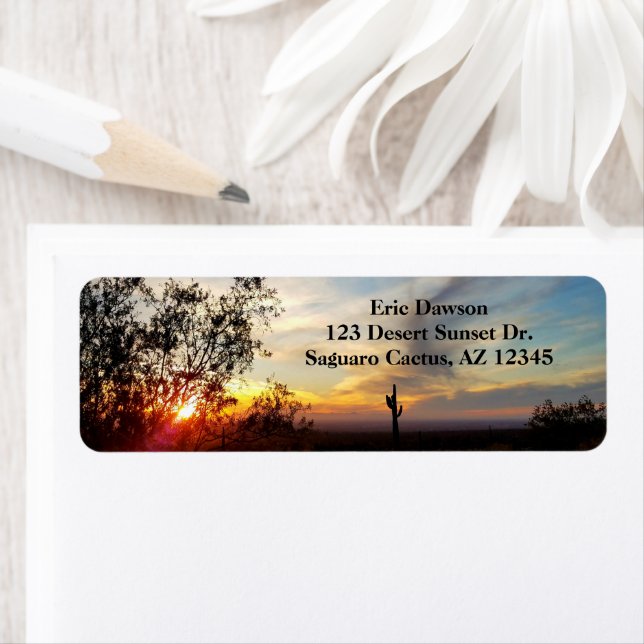Arizona Desert Sunset with Saguaro Cactus / Returadress Etikett (Insitu)