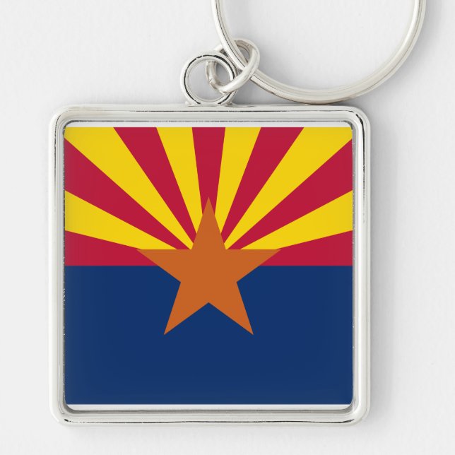 Arizona Flagga: Setting Star Sol, kopparstaten Fyrkantig Silverfärgad Nyckelring (Framsidan)