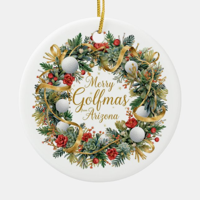 Arizona Golf Christmas Greeting with Golf Wreath  Julgransprydnad Keramik (Framsidan)