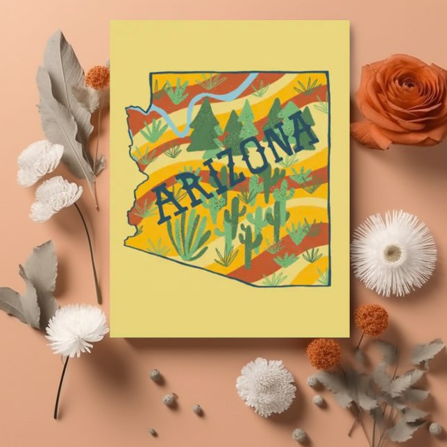 Arizona Illustrated Karta Vykort (Illustrated postcard Arizona State Map. Customize with your own text and change the background color)
