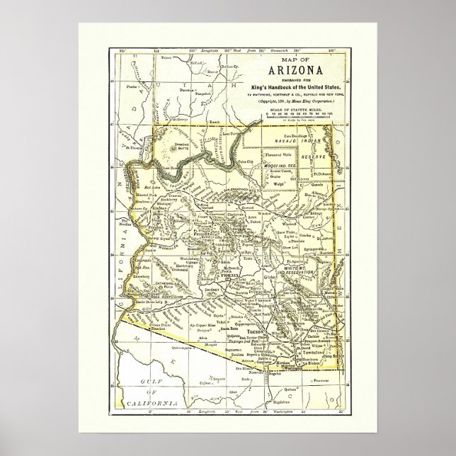 Arizona Karta 1891 Städer, järnväg och reservation Poster (Framsidan)