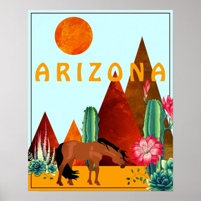 Arizona ~ Mountain, Cacti och Horse Desert Poster (Framsidan)