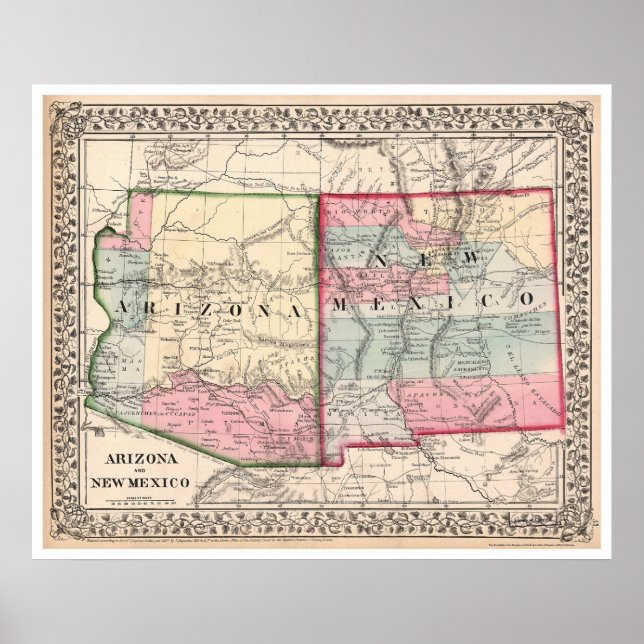 Arizona New mexico Karta 1867 Poster (Framsidan)