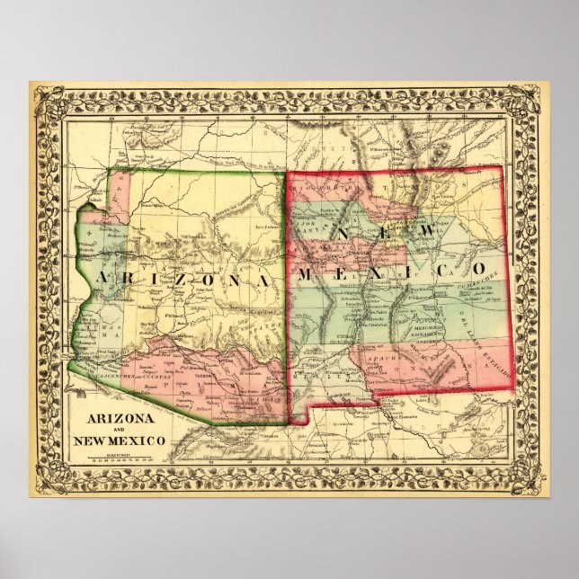 Arizona och New MexicoPanoramic Karta Poster (Framsidan)