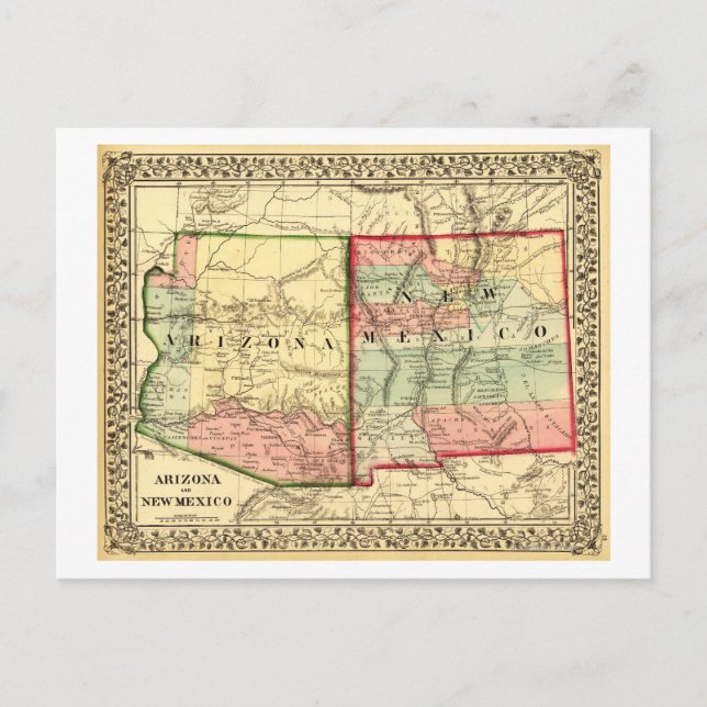 Arizona och New MexicoPanoramic Karta Vykort (Framsida)