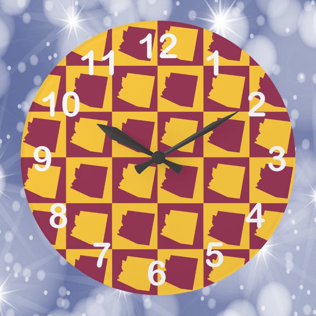 Arizona Pop Art Maroon Gold White Numbers Stor Klocka (A clock with a maroon and gold pattern of the US state of Arizona with white numbers.)