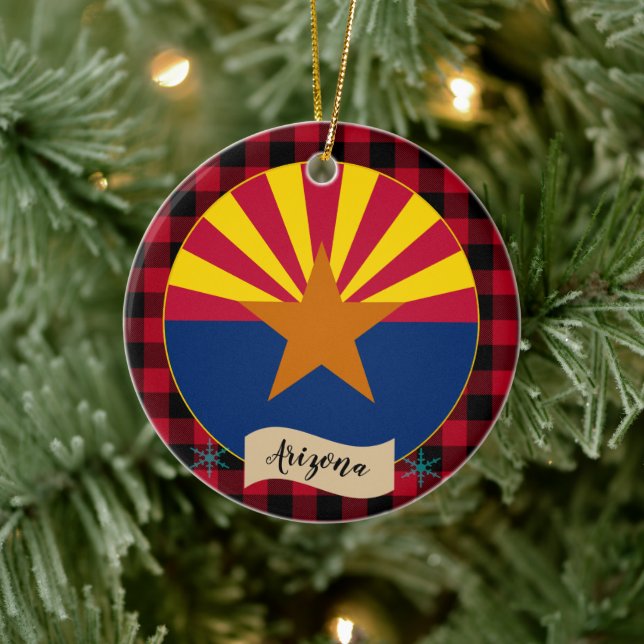 Arizona, Red buffalo plaid & Arizona Flagga, USA Julgransprydnad Keramik (Träd)