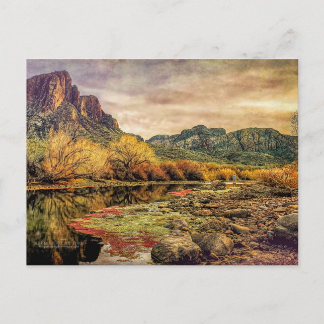Arizona River Sonoran Desert Mountains Digital Art Vykort (Framsida)
