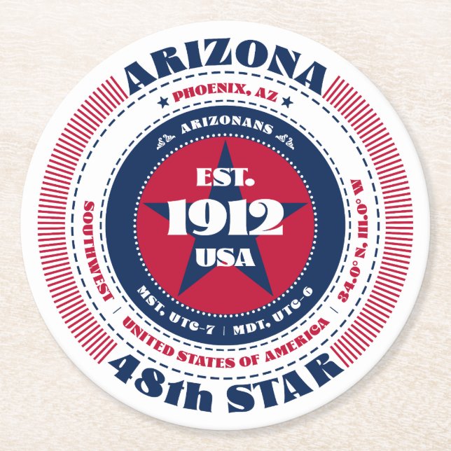 Arizona Rött vitt blått Typografi Underlägg Papper Rund (Framsidan)