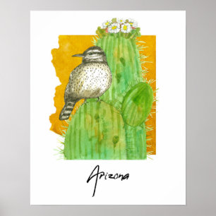 Arizona Saguaro Blommmande Kaktus Gärdsmyg Fågel Poster