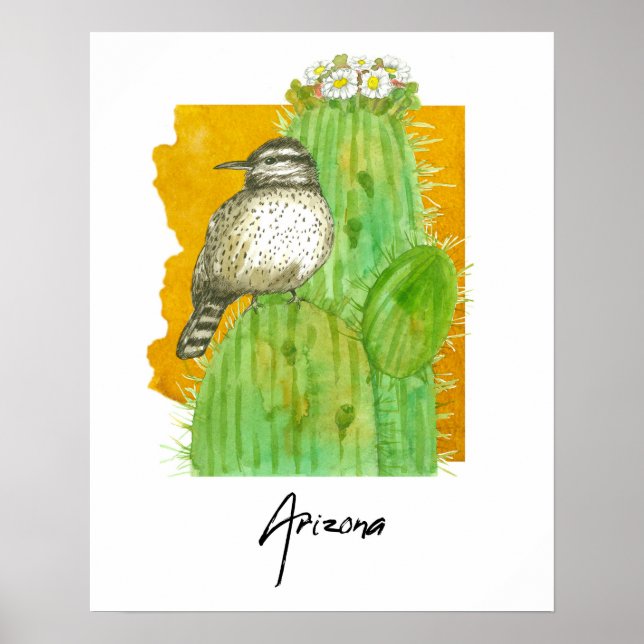 Arizona Saguaro Blommmande Kaktus Gärdsmyg Fågel Poster (Framsidan)