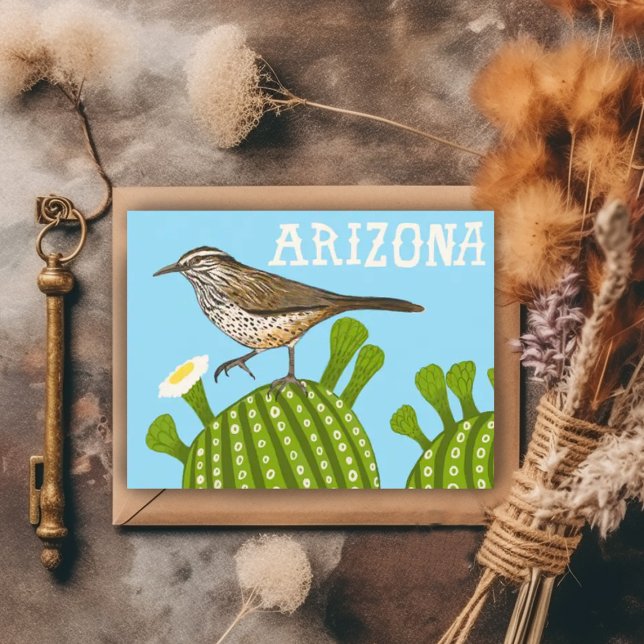 Arizona Saguaro Kaktus Gärdsmyg Söt Fågel Natur  Vykort (Cactus wren on a saguaro cactus Arizona postcard)