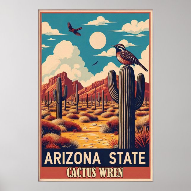 Arizona State Bird - Cactus Wren Vintage Poster (Framsidan)