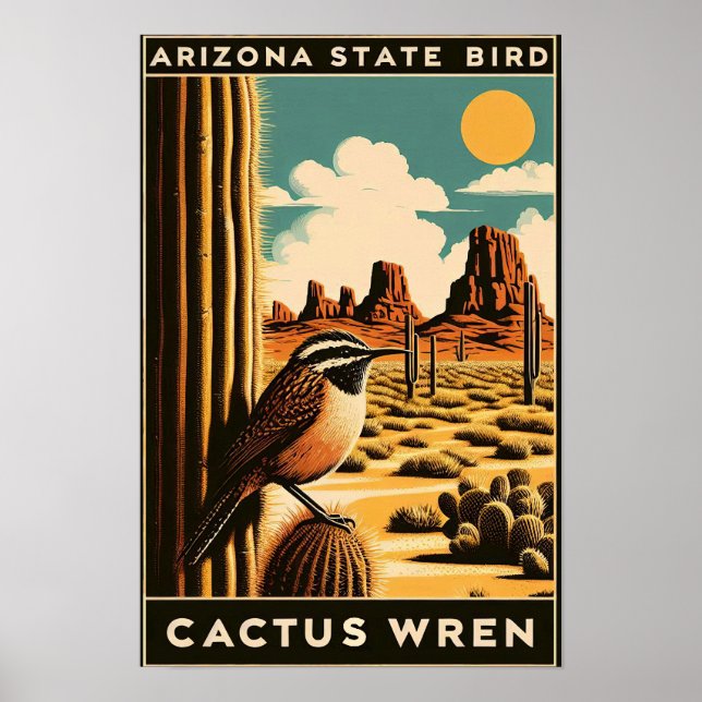 Arizona State Bird - Cactus Wren Vintage Poster (Framsidan)