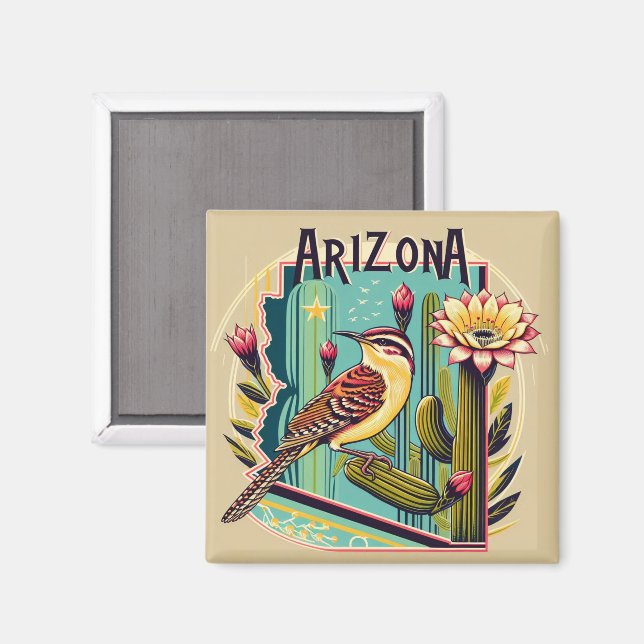 Arizona State Flower och Bird Cactus Wren Magnet (Front/Back)