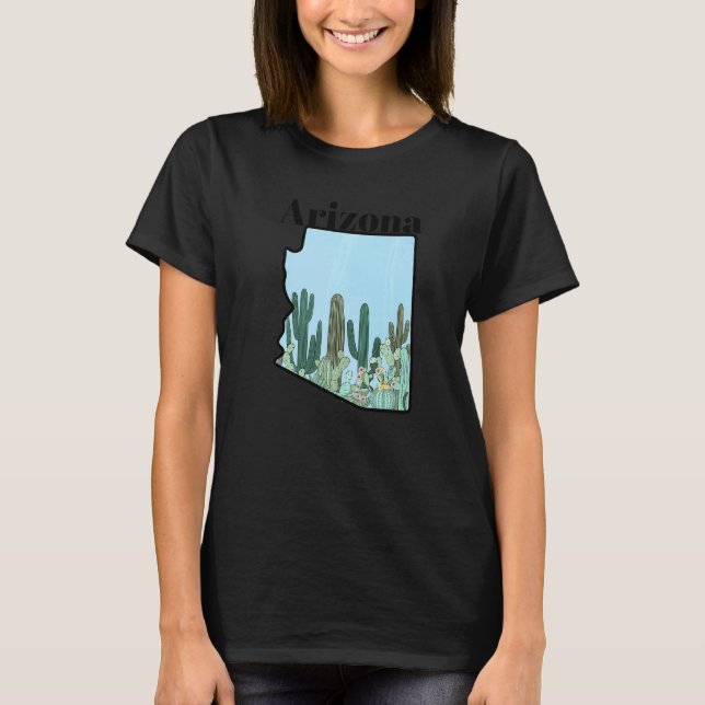 Arizona State Map Kaktus Trädgård T Shirt (Framsida)