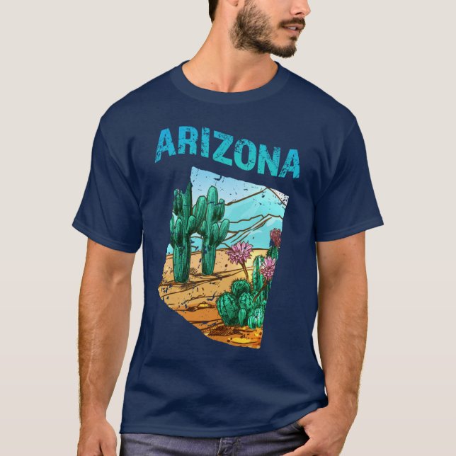 Arizona State Map Shape with Cactus Flower Desert  T Shirt (Framsida)