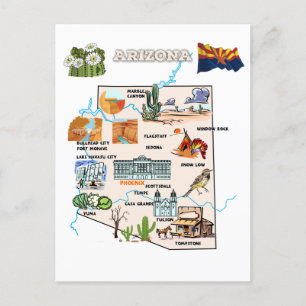 Arizona-staten Karta med turistdestinationer Vykort