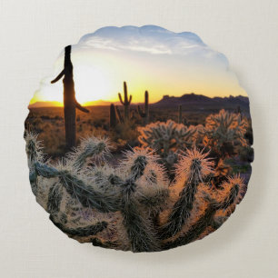 Arizona Sunset Sonoran Desert with Saguaro Cactus Rund Kudde