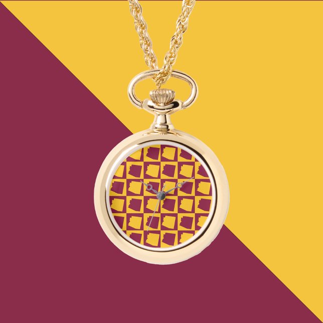 Arizona US State Maroon and Gold Pattern Armbandsur (A maroon and gold pattern featuring Arizona on a watch necklace.)