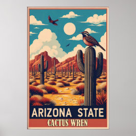 Arizonas delstatsfågel - Kaktusgärdsmyg Vintage Poster