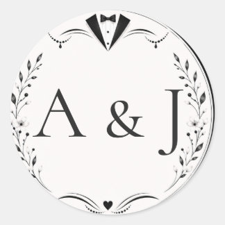 Ark: Svart Vitt Brud Groom Monogram Bröllopssigel Runt Klistermärke