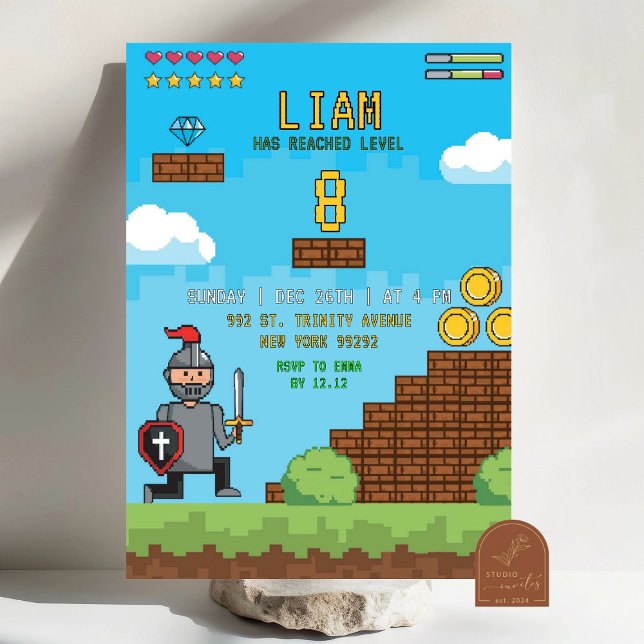 Arkadvideospel Level Up Födelsedag Inbjudningar (Skapare uppladdad)