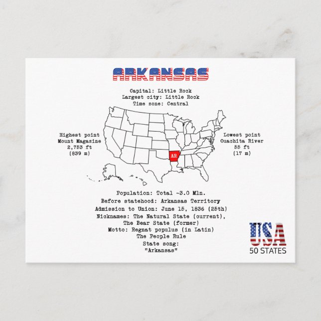Arkansas amerikan som är statlig på en karta och helg vykort (Framsida)