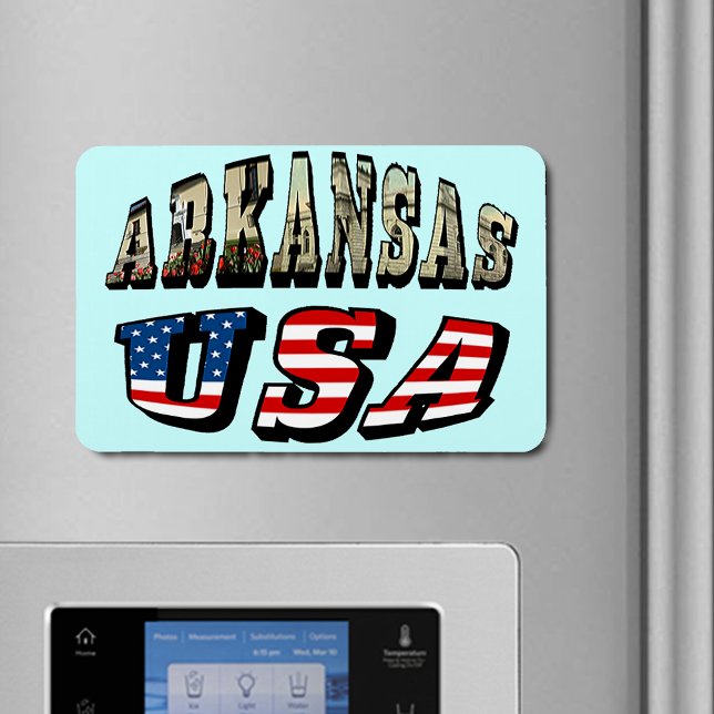 Arkansas Bild och USA flagga Magnet (Arkansas Picture and USA Flag Text Flexible Magnet)