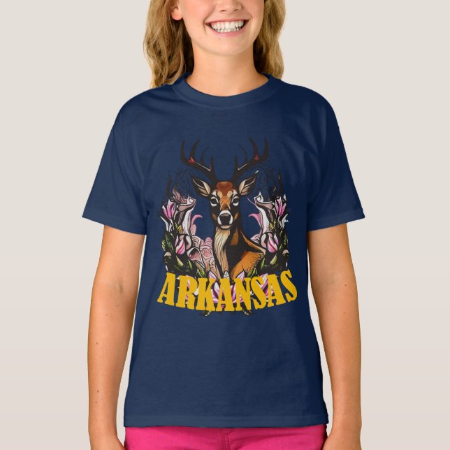 Arkansas Deer With Apple Blossom Bough T Shirt (Framsida)