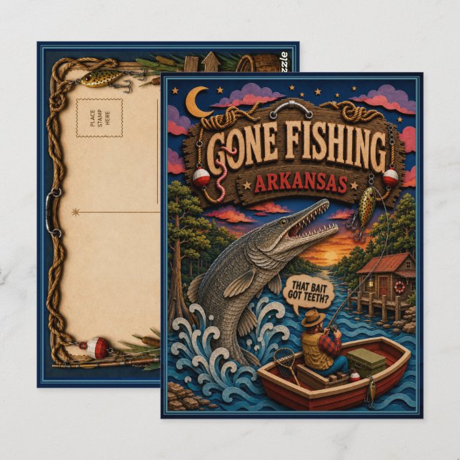Arkansas Gone Fishing Alligator Gar Vykort (Fram/baksida)