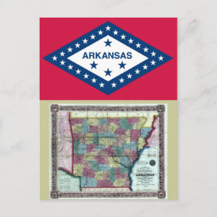 Arkansas Karta och Statlig flagga Vykort