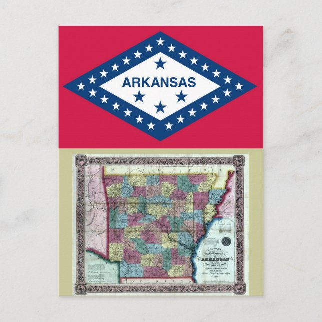 Arkansas Karta och Statlig flagga Vykort (Framsida)