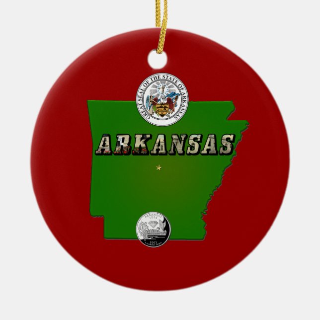 Arkansas Karta, Seal och State Faux-kvarteret Julgransprydnad Keramik (Framsidan)