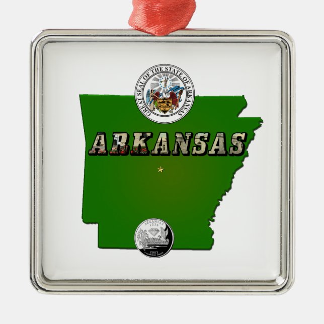 Arkansas Karta, Seal och State Faux-kvarteret Julgransprydnad Metall (Framsidan)