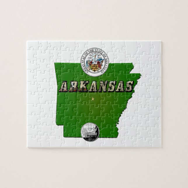 Arkansas Karta, Seal och State Faux-kvarteret Pussel (Horisontell)