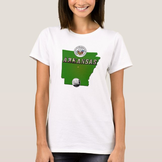Arkansas Karta, Seal och State Faux-kvarteret T Shirt (Framsida)