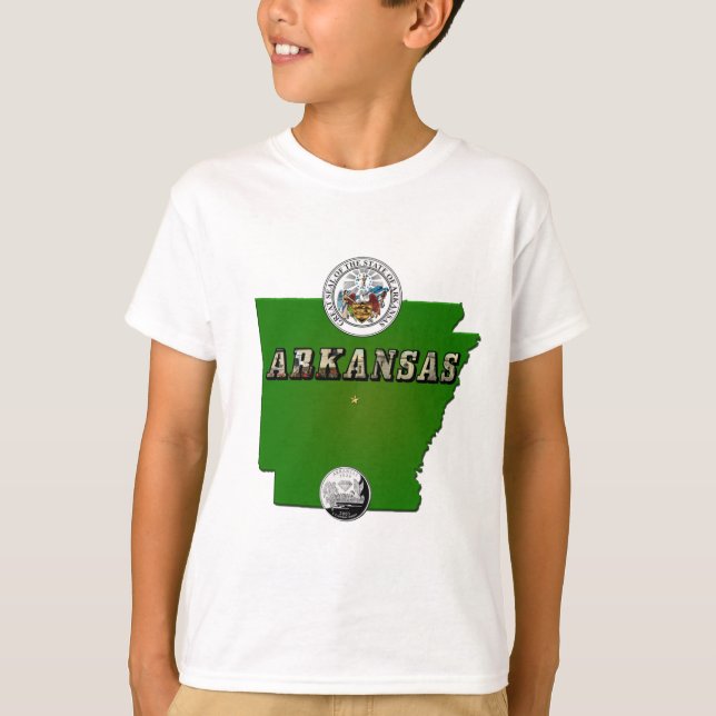 Arkansas Karta, Seal och State Faux-kvarteret Tee Shirt (Framsida)