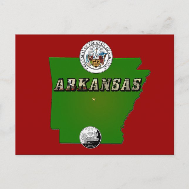 Arkansas Karta, Seal och State Faux-kvarteret Vykort (Framsida)