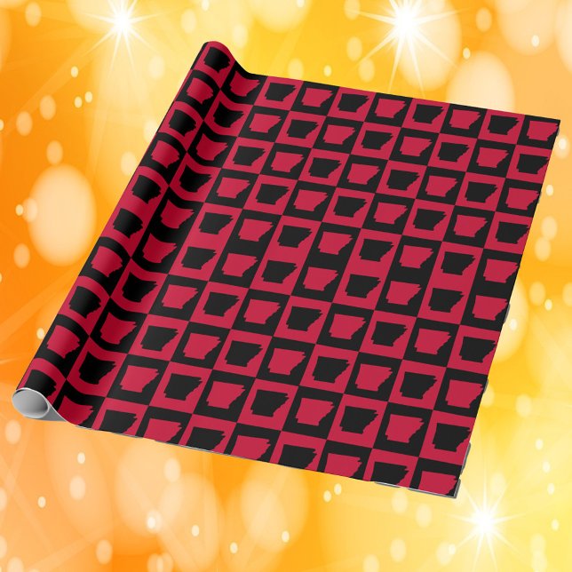 Arkansas Red and Black Checker Pattern Presentpapper (Wrapping paper with a black and red pattern featuring the outline of Arkansas.)