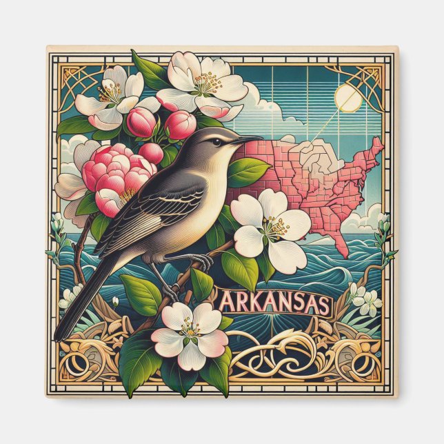 Arkansas State Bird and Flower Art Deco Design Magnet (Framsidan)