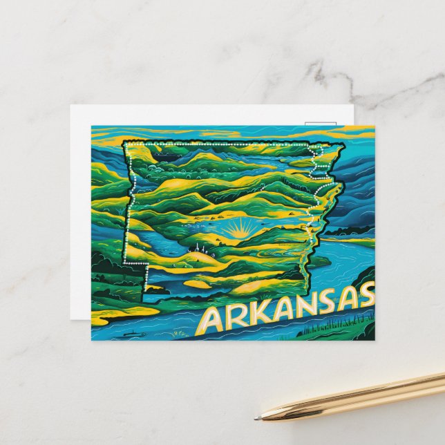Arkansas State Karta Painting Vykort (Fram/Back In Situ)