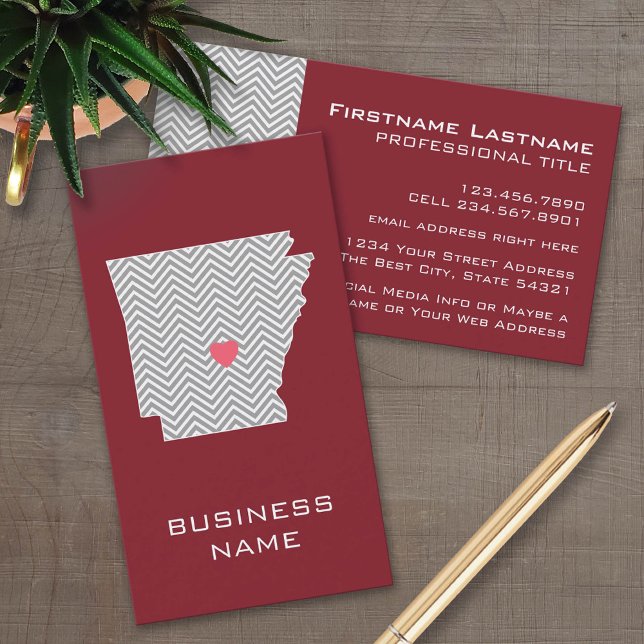 Arkansas-staten Karta med Anpassningsbar Red Heart Visitkort (Custom Business Card Template)