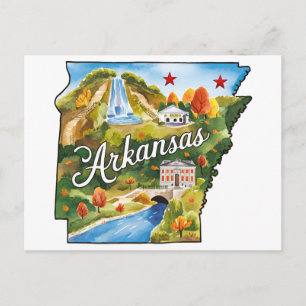 Arkansas USA Delstat Formad Vintage Vattenfärg Vykort