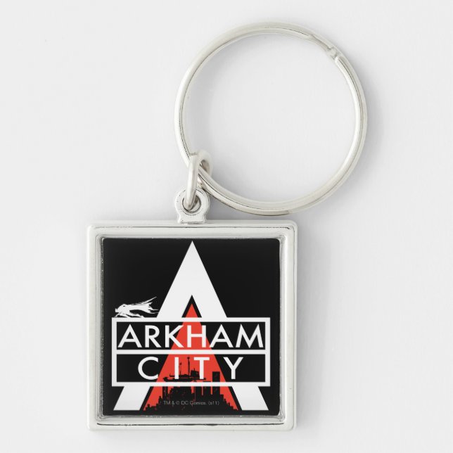 Arkham City Logotyp White Fyrkantig Silverfärgad Nyckelring (Framsidan)