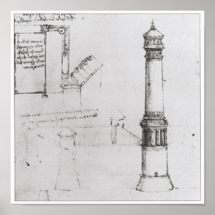 Arkitektonisk teckning, torn, Leonardo Da Vinci Poster