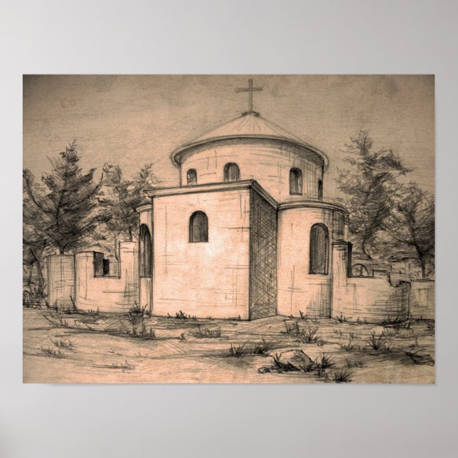 Arkitektur Gammal Ortodox Kyrka Teckning Konst Poster (Framsidan)