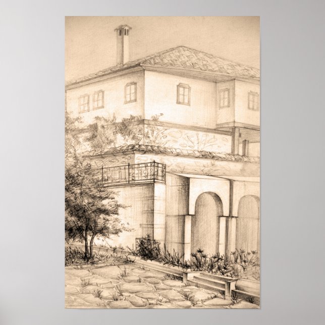 Arkitektur Traditionell house Teckning-sketch kons Poster (Framsidan)
