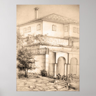 Arkitektur Traditionell house Teckning-sketch kons Poster